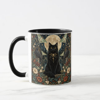 Gato Negro Gótico Celestial con Luna y Cuervos. マグカップ