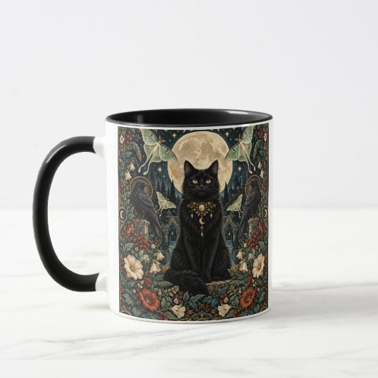 Gato Negro Gótico Celestial con Luna y Cuervos. マグカップ (左)
