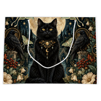 Gato Negro Gótico Celestial con Luna y Cuervos. ラージペーパーバッグ