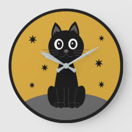 Gato negro sentado viendo las estrellas ラージ壁時計