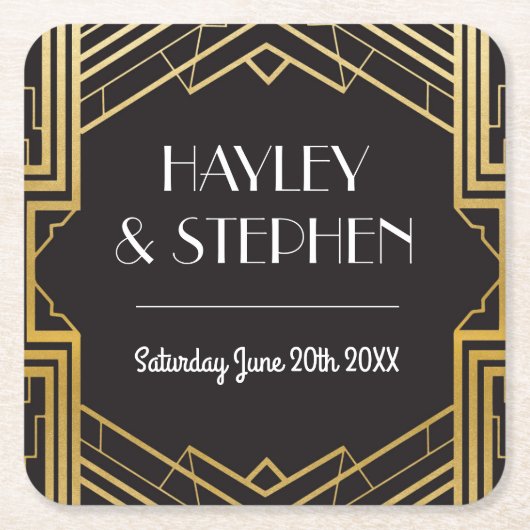 Gatsbyのアールデコの20年代のコースターの結婚披露宴 スクエアペーパーコースター (正面)
