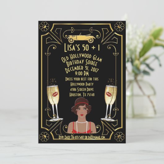 Gatsbyの黒いフラッパーの女の子のハリウッドの素晴らしい招待 招待状 (スタンド正面)
