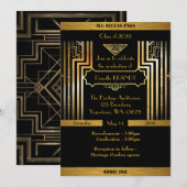 Gatsbyスタイルの卒業式、チケット、黒金 招待状 (正面/裏面)