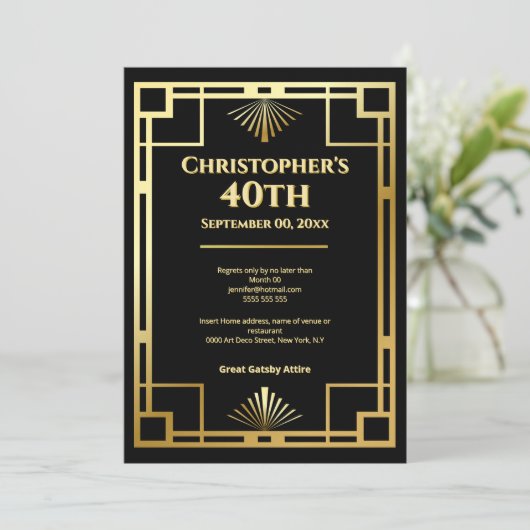 Gatsby Moody Art Deco 40th Birthday Party 招待状 (スタンド正面)
