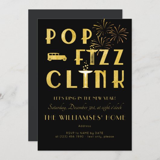 Gatsby Pop Fizz Clink Art Deco New Years Eve Black 招待状 (正面/裏面)