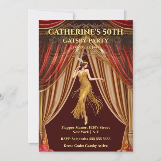 Gatsby Red Gold 50th Birthday Invitation 招待状 (正面)