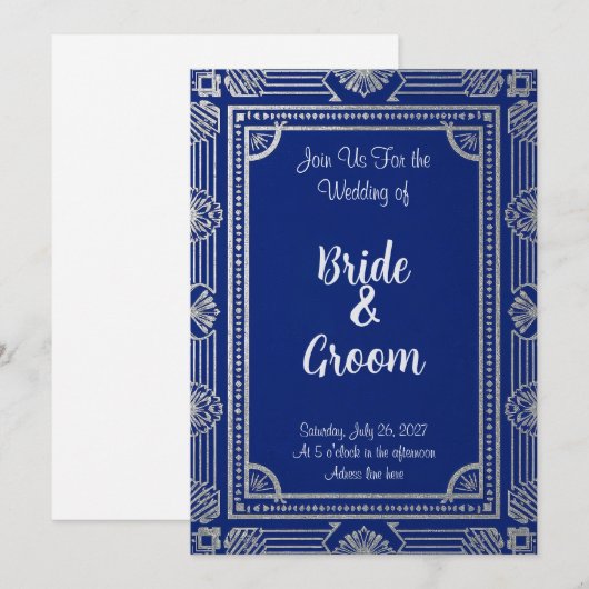 Gatsby Style ArtDeco Invitation–Navy Blue & Metal 招待状 (正面/裏面)