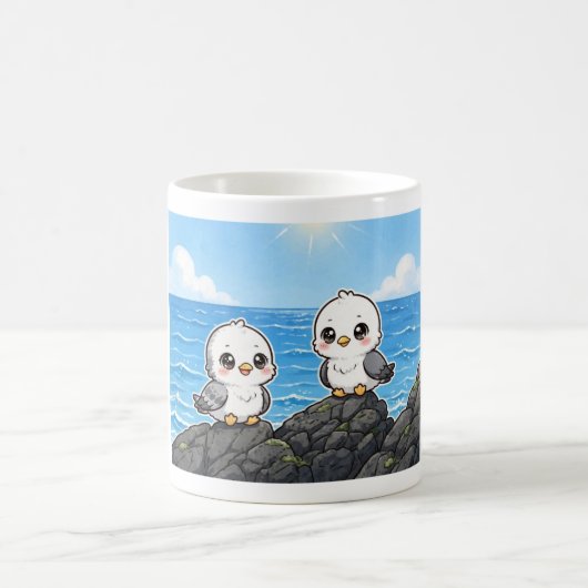 Gaviotas kawaii en la Roca frente al mar コーヒーマグカップ (中央)