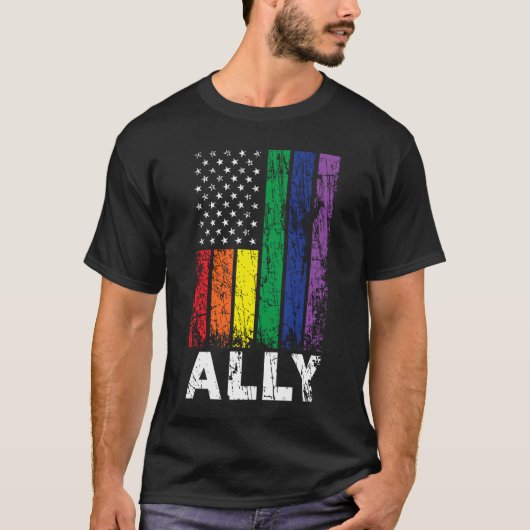 Gay Ally USA Patriotic Rainbow Flag Gay Pride 4th Tシャツ (正面)