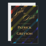 Gay Men Wedding Elegant Rainbow セーブザデート<br><div class="desc">Announce your wedding day in style with this gay men wedding save the date card — bold diagonal Progress Pride stripes on sophisticated black with "Save the Date" in flowing gold script, the grooms' full names, wedding date, and "Formal invitations to follow" in gold typography. The first piece your guests...</div>