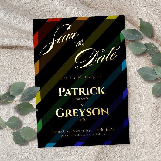 Gay Men Wedding Elegant Rainbow Gold Save-the-Date 箔招待状
