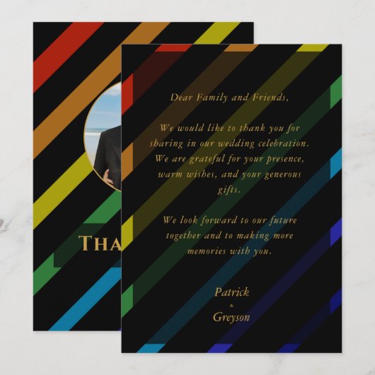 Gay Men Wedding Elegant Rainbow Photo サンキューカード (正面/裏面)