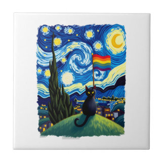 Gay Pride Cat Art Cat Starry Night Style LGBTQ Pri タイル