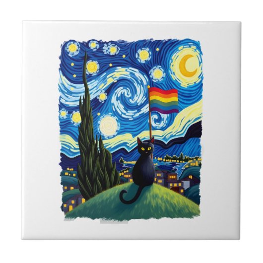 Gay Pride Cat Art Cat Starry Night Style LGBTQ Pri タイル (正面)