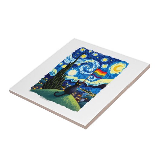 Gay Pride Cat Art Cat Starry Night Style LGBTQ Pri タイル (側面)