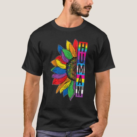 Gay Pride HUMAN Sunflower Rainbow LGBT LGBTQ Lesbi Tシャツ (正面)
