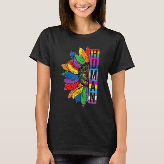 Gay Pride HUMAN Sunflower Rainbow LGBT LGBTQ Lesbi Tシャツ (正面)