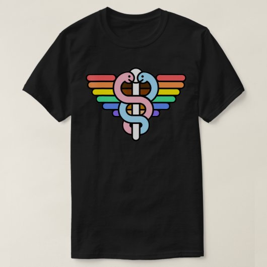 Gay Pride LGBT Rainbow Colors Caduceus Medical Sym Tシャツ (デザイン正面)