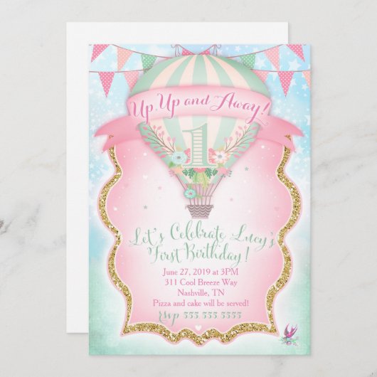 GCの熱気の気球の最初誕生日ルーシー 招待状 (正面/裏面)