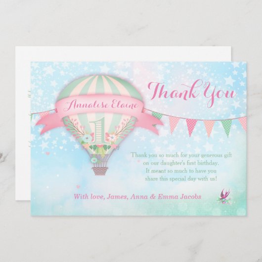 GCの熱気の気球の最初誕生日 サンキューカード (正面/裏面)