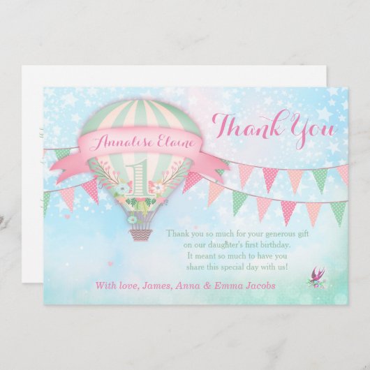 GCの熱気の気球の最初誕生日 サンキューカード (正面/裏面)