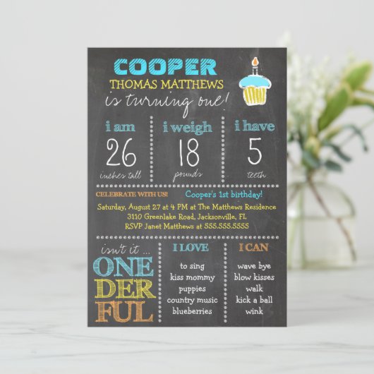 GCのOnederfulの最初誕生日の男の子の黒板 招待状 (スタンド正面)