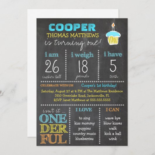 GCのOnederfulの最初誕生日の男の子の黒板 招待状 (正面/裏面)