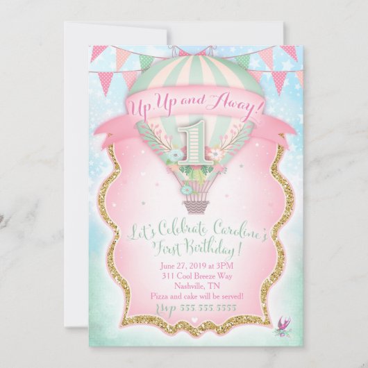 GCホットエアバルーンファースト誕生日カロライン 招待状 (正面)