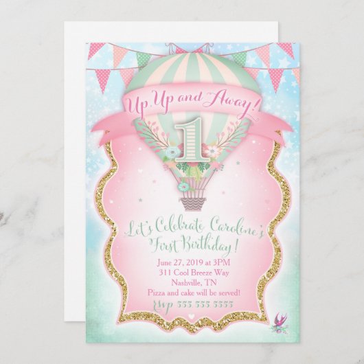 GCホットエアバルーンファースト誕生日カロライン 招待状 (正面/裏面)