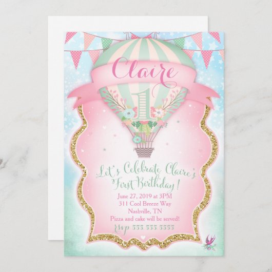 GCホットエアバルーンファースト誕生日クレア 招待状 (正面/裏面)