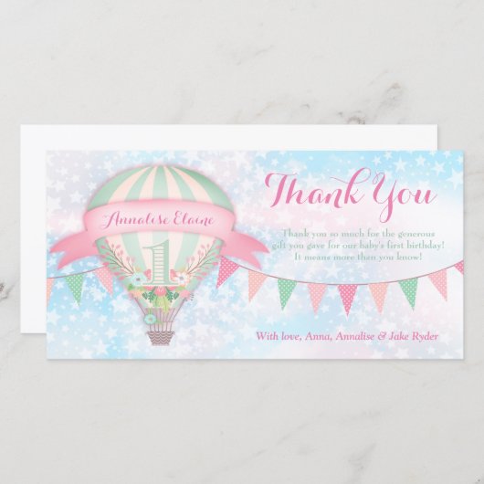 GCホットエアバルーン最初の誕生日ありがとう サンキューカード (正面/裏面)