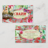 GC |のぼろぼろのヴィンテージのチャーム- Turquioseの赤いダマスク織 名刺 (正面/裏面)