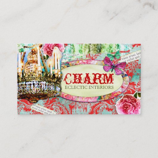 GC |のぼろぼろのヴィンテージのチャーム- Turquioseの赤いダマスク織 名刺 (正面)