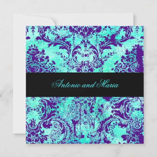 GC |のヴィンテージのターコイズ及び紫色のダマスク織 招待状 (正面)