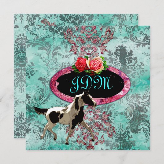 GC |の折衷的にヴィンテージのダマスク織の馬のターコイズ 招待状 (正面/裏面)