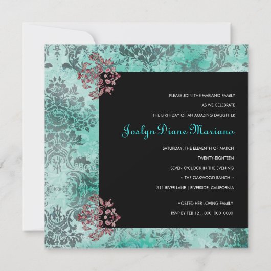 GC |の折衷的にヴィンテージのダマスク織の馬のターコイズ 招待状 (裏面)