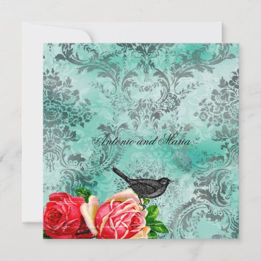 GC|ヴィンテージバード&バラ|ターコイズダマスク 招待状 (正面)
