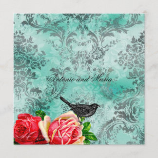 GC|ヴィンテージバード&バラ|ターコイズダマスク 招待状