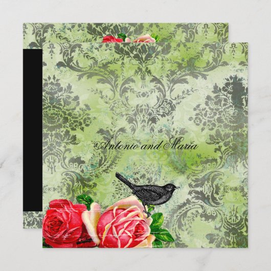 GC|ヴィンテージバード&バラ|ライムダマスク 招待状 (正面/裏面)