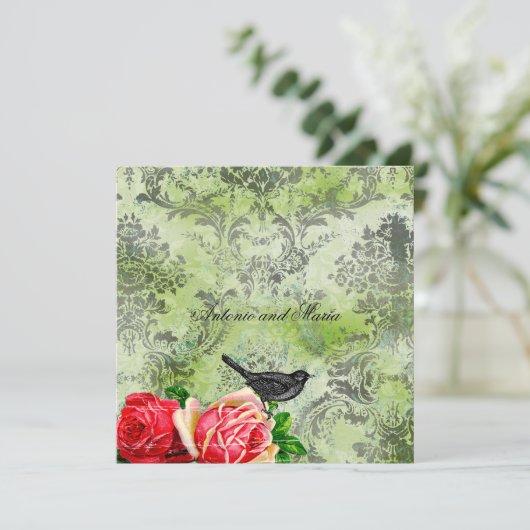 GC|ヴィンテージバード&バラ|ライムダマスク 招待状 (スタンド正面)