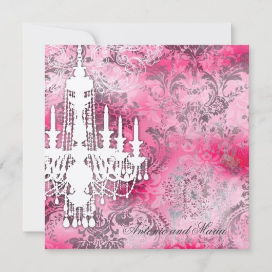 GC | Jolieのシャンデリアのピンクの灰色のダマスク織シャンペンM 招待状 (正面)