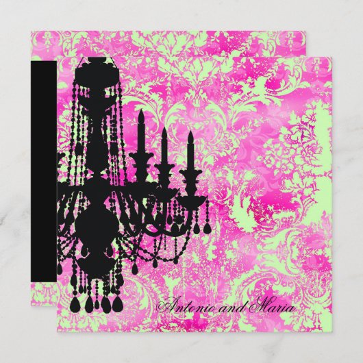 GC | Jolieのシャンデリアのライムのピンクのダマスク織 招待状 (正面/裏面)