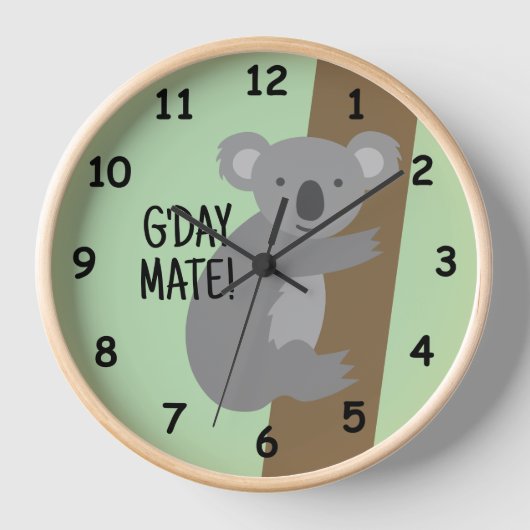 G'day Mateかわいいオーストラリアのコアラ熊イラストレーション 壁時計 (正面)