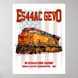 GE ES44AC GEVO機関車とアメリカ国旗 ポスター
