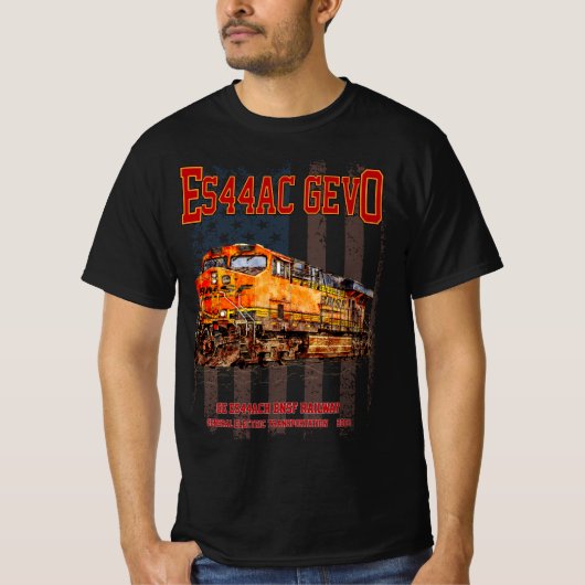 GE ES44AC GEVO機関車とアメリカ国旗 Tシャツ (正面)