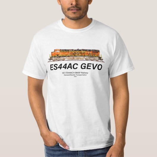 GE ES44AC GEVO機関車。BNSF貨物列車 Tシャツ (正面)