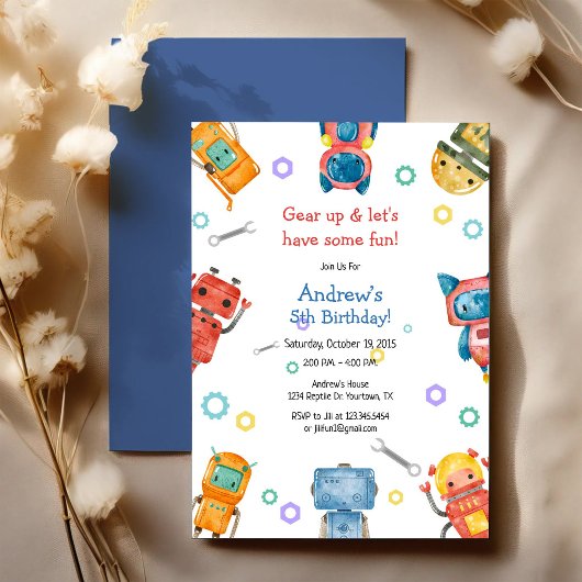 Gear Up & Let's Have Some Fun Kids Robot Birthday  招待状