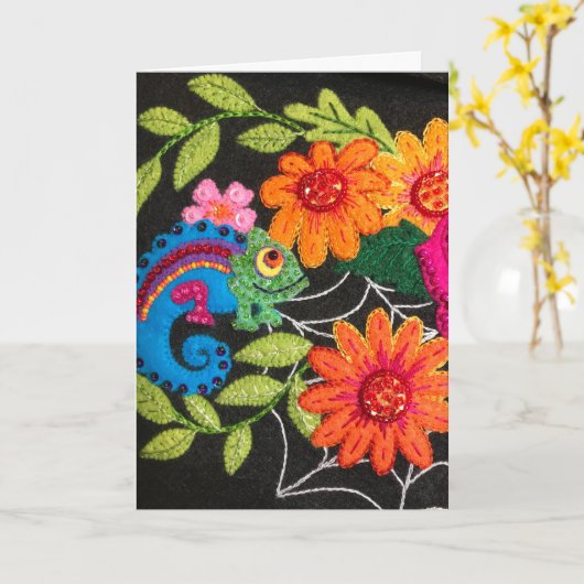 Gecko Lizard Stitched Felt Beads Sequins カード (黄色い花)