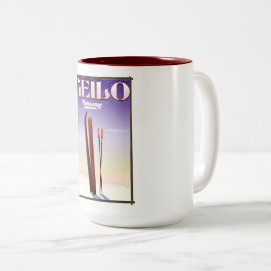 Geilo，ノルウェーのスキー旅行ポスター ツートーンマグカップ (正面右)