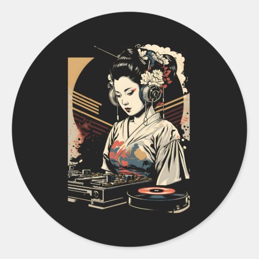 Geisha Edm Dj着物日本のVaporwave Etic ラウンドシール (正面)